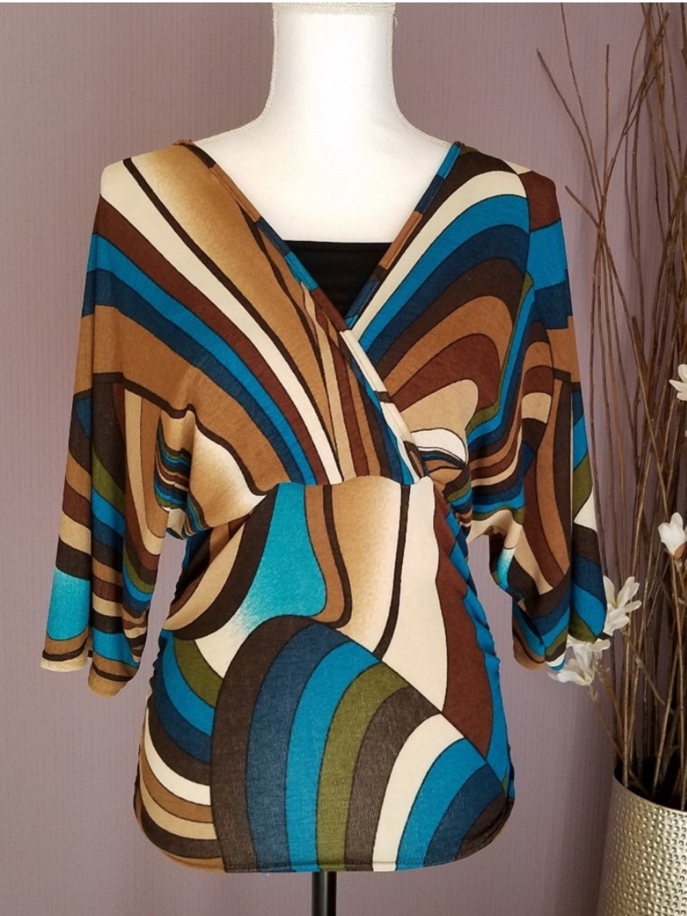 Bold Retro Brown & Teal Kimono Sleeve Wrap Ruched Blouse from France NEW